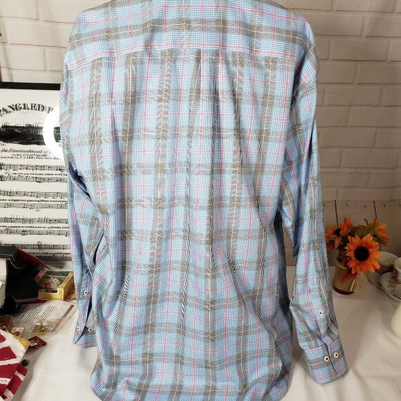 Peter Millar Mens Blue Check Long Sleeve Button up Dress Shirt size XL Cotton - Picture 9 of 11